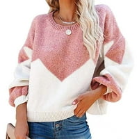 Дамски случайни хлабав пуловер Цвят блокиране големи дворове Около врата Пуловер, Розово