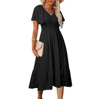 Дамски рокли средна дължина къс ръкав А-линия масивна в-Деколте лятна рокля Черно М