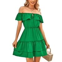 Б91хз Дамски ежедневни рокли жени през пролетта и лятото разрошени ръкави скъпа рамото чист цвят рокля Хавайски рокли за жени зелено,М