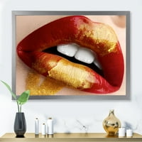 Дизайнарт 'Пълнички женски устни със златисто и червено' модерна рамка Арт Принт