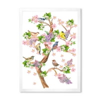 Дърво С Цветни Птици, Седнали На Цъфтящи Клони В Рамка Живопис Платно Изкуство Печат