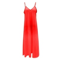 Летни рокли за жени Дължина на глезена модна модна а-линия солидна рокля с V-образно деколте червено XL