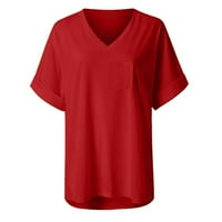 Тройници за женски моден градиент на моден градиент масивна блуза V-образно деколте с къси ръкави с тениски тениски върхове тениска с джобове, вино, XL