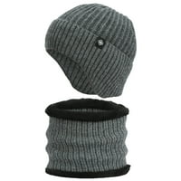 Топли бобчета за мъже с ръкавица комплект зимни Руно облицована плетена шапка шапка студено време дебела дама шапка Светло сиво свободен размер