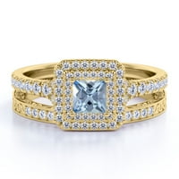 1. Карат квадрат тъмно синьо създадено Aquamarine & Diamond Double Halo Filigree Сватбена сватба в 10K жълто злато