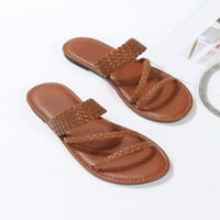 Женски сплетен дизайн Отворен пръст с плосък плъзгащ се сандали ежедневно лято мода пешеходни чехли обувки кафяв CN39