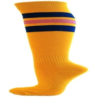 Златно жълто ивици куве елитен качествен атлетически чорапи с високи коляни, синьо розова среда