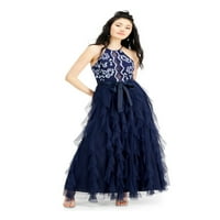 Me Womens Navy Ruffled Textured Floral Lea Levealess Halter Официална официална рокля Juniors 1 2