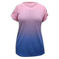 Qolati дамски летни върхове градиент цвят щампа v шия ръба с къс ръкав тениски свободни модни модни ежедневни празнични блуза