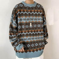 TDOQOT Мъжки пуловери есен - Коледа и благодарност Екипаж Нов плетен пуловер отпечатани есенни зимни върхове за мъже Сини м