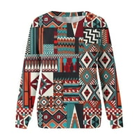 Бинер жени суитчър ретро Етнически отпечатани блуза с дълъг ръкав Около врата Случайни Пуловер върхове пуловери