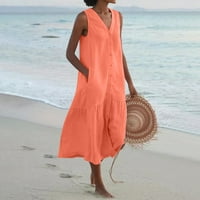 Сузани Макси Бохо рокли за жени памучен бельо без ръкави дълъг летен рокля бутон надолу v врат плюс размер плажна рокля, пушена танкови рокли за плюс размер жени с джобове оранжево l