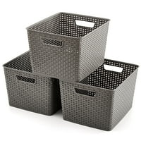 Големи сиви пластмасови плетени кошници шелф домакинство съхранение организатор контейнер кутии на 3, 13.8 11.4 8.6