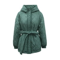 Женски средна дължина качулка пухкаво яке солиден цвят дълъг ръкав зимно яке топло гадене тънки цип по-плътно палто, зелено