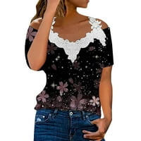 Жени графични тениски жени тениска от рамо дантела флорална тениска на рамото ръкав редовно лято