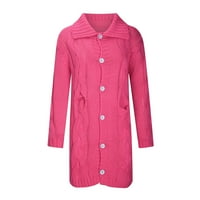 Женски кабел с дълъг ръкав плетен дълъг кардиган отворен предден бутон пуловер Външно облекло горещо розово XXL LC607