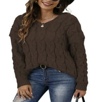 Авамо жените кабел плета пуловер хлабав дълъг ръкав качулка пуловер едно рамо джъмпер върхове Кафяв 2хл