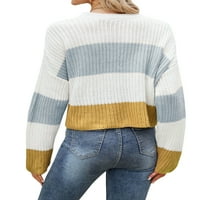 Жени контрастен цвят райета плетен пуловер на екипажа с дълъг ръкав пуловер
