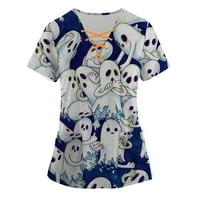 Блуза на Leylayray за жени Hallowen Printing с кратък ръкав V-образно деколте работещи униформени джобни блузи син XXL