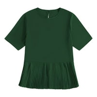 Дамски върхове дамски върхове кръгла шия плът хем свободен къс ръкав плисирана риза тениски тениски зелени xxl
