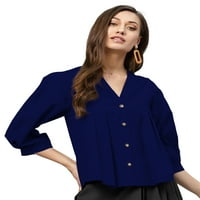Елория женски най-висок V Врат Пълен ръкав бутон надолу памучна тениска, цвят: тъмносиньо