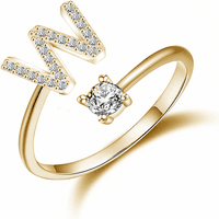Първоначален буквен пръстен за жени момичета златно покритие, подредени азбучни пръстени с първоначален регулируем кристален инкрустиран първоначален подарък за шаферки
