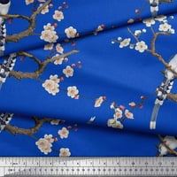 Soimoi Blue Cotton Cambric Fabric Floral & Pin Tailed Whydah Bird Printed Fabric Wide