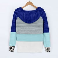 Модни жени леопардови пачуърк v-образен деколте с дълги ръкави пуловер с качулка блуза върхове сини xxl
