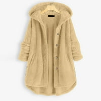 Floleo жени Прочистване на палто есен зима плюс размер ежедневни бутони джобове с високи ниски ръкави с качулка с качулка