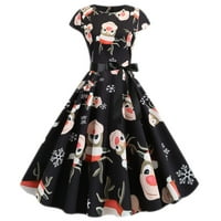 Fesfesfes Коледа женски рокли Bandage Retro Print Кратко ръкав вечер O-O-Neck Party Prom Vintage Ression Clearance
