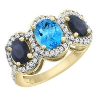 14K жълто злато естествено швейцарско синьо топаз и HQ син сапфир 3-каменният пръстен с овален диамантен акцент, размер 8.5