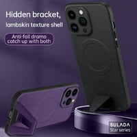 Slim Case за iPhone Pro, агнешка текстура Premium Pu Leather Rugged Shockproof Anti-Scratches Thin Fit Cover със скрита скоба за поддръжка на безжично зареждане на калъф, черен калъф, черно