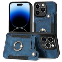 Калъф за портфейл за iPhone Pro, стойка за държач на пръстени с притежател на карта Premium Retro Leather Shockproof RFID блокираща магнитна лента за ръката за жени мъже за iPhone Pro, синьо