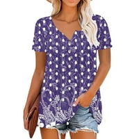 Дамски летни блузи с къс ръкав флорални ризи с лек бутон Хенли ризи Нагънат Суинг туника блуза лилаво и до 65% от