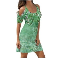 Извън рамото рокли за жени Плюс размер лято Бохо Цветен модел печат къс ръкав лъжичка врата Пуловер резервоар рокля кратко мини плаж Сара #03-зелен л