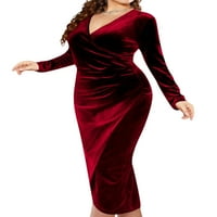 Ханердун жени кадифени рокли женски плюс размер дълъг ръкав бодикон рокля червено 4x