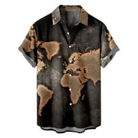 Зимни ежедневни ризи за мъже плюс размер Карта отпечатани блуза Ревера хлабав къс ръкав върхове с джобове