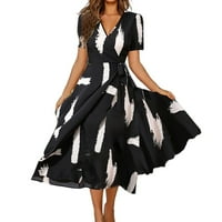 Б91хз Абитуриентски рокли дамски летни рокли с къс ръкав флорален принт в деколте Макси Слим рокля с черен колан, Размер ххл