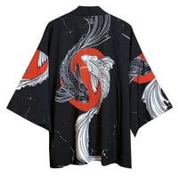 Tking Fashion Mens's Painting Pyting Style Print Бързо сухо кимоно кардиган със седем части ръкави - черен L