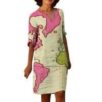 Рокли за Wozhidaoke за жени Карта печат половин ръкав ретро v-образно пуловер рокля дамски рокли розова рокля за жени