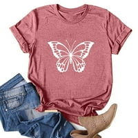 Спестявания дамски летни върхове къс ръкав екипаж тениска случайни Удобен пуловер върхове пеперуда графичен печат Тийн решетки модни дрехи ризи за жени Розово с