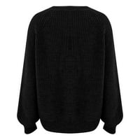 Дамски модни жилетка плътен цвят Бутон В врата плета топло хлабав пуловер хл Черно