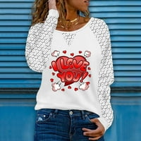 Ризи за Свети Валентин за жени модна пачуърк тениска O-Neck с дълги ръкави тънки мощни туники тениски риза пуловер върхове