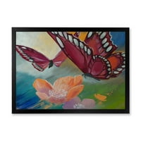 Дизайнарт 'Пеперуди Върху Розови Цветя' Традиционна Рамка Арт Принт