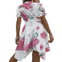 Grianlook Ladies Summer Beach Sundress Floral Print Mini рокля v Врат туника рокли жени хавайски бохемски къс ръкав бял xl