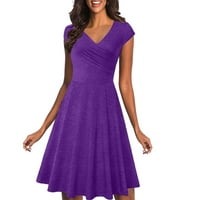 Летни рокли за жени V-образни вещи солидна а-линия дължина на коляното модна рокля за пътуване с ръкав purple l