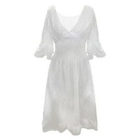Tiqkatyck рокли за жени Удобно свободно прилепване с висока талия, бродирана солидна V шия рокля дамски рокли бяло