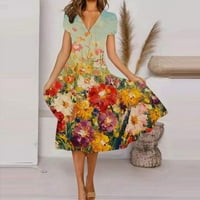 Лятна ежедневна модна модна мода флорален принт с късо ръкав V-образно люлееща рокля рокля, оранжева XL