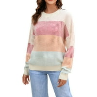 Женски огромен плетен пуловер Небрежно свободно приспособяване плюс размер цветен блок кръгла шия топ женски пуловер пуловер бежов l