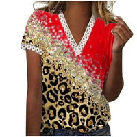 Зкозпток летни блузи за жени Модерен В-деколте Къс ръкав Снаждане цвят тениски хлабав тънка памучна блуза, червено, М